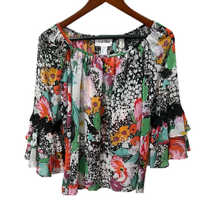 🌙Joseph Ribkoff women’s  Red and Pink Ruffled Bell Sleeve Blouse size 10 GUC